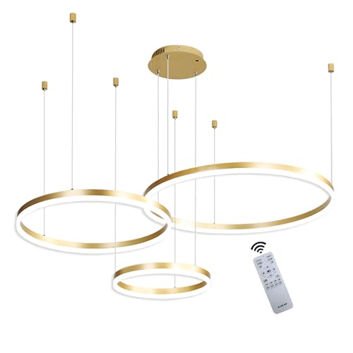 WayLuoung Metal LED Chandelier | 3 Circles 20+40+60cm | 45W Hanging Ceiling Light With Rings, Dimmable Remote Control 3000-6000K, Acrylic Lampshade Living Room Bedroom Foyer Dining Room【Gold】