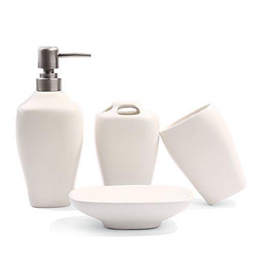 Ceramic Bathroom Accessory Set-Minigift 4 piece White Matt Glaze Ceramic Soap Dish, Soap Dispenser, Toothbrush Holder & Tumbler Bathroom Set