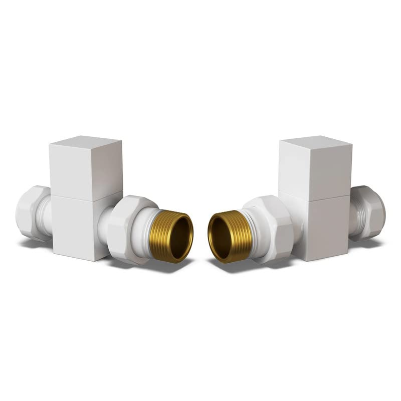 UK Radiators Square White Radiator Valve Pair - White Gloss Finish - Classy and Modern Design 1/2" x 15mm Straight Radiator Valve Pair - Pair of Valves