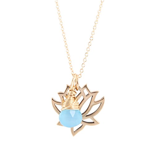 Bronze Open Lotus Necklace with Blue Chalcedony Briolette on Gold Fill Mini Rolo Chain, #6850 (18 Inches)