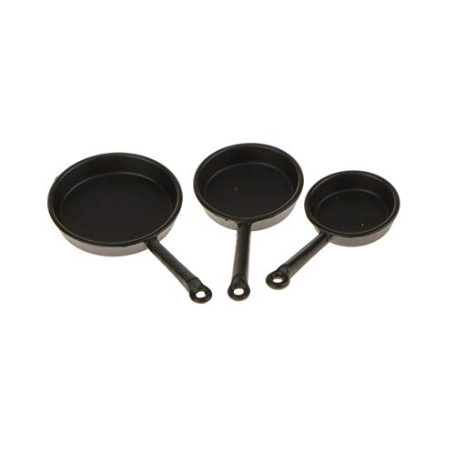 1/12 Scale 3pcs Dollhouse Miniature Metal Frying Pans Cooking Pot Cookware Kitchen Accessory Not Sticky Saucepan Pancake Po,Black