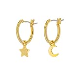 Columbus 14K Gold Plated Moon and Star Charm Huggie Hoop Earrings – Dangle Drop Earrings for Women (Gold Moon/Star)
