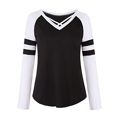 Mayunn Women's Sexy Long Sleeve V Neck Shirts Patchwork Cross Undershirts T-Shirt Blouse Tops