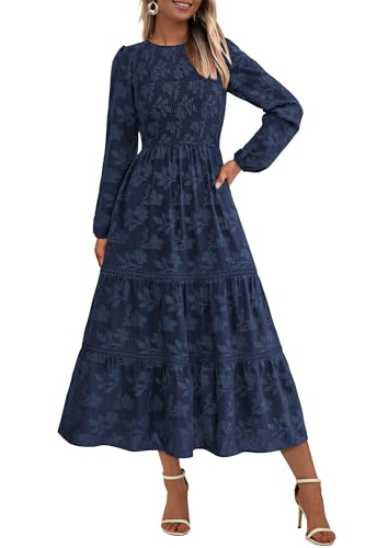 PRETTYGARDEN Long Sleeve Dress for Women 2025 Fall Elegant Modest Floral Boho Smocked Flowy Wedding Guest Midi Dresses