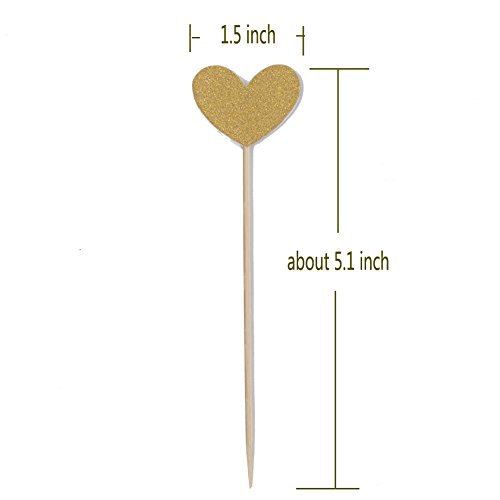 Zicome 50 Pack Double Sided Gold Glitter Cupcake Toppers Attached with Sticks for Baby Bridal Shower Birthday Party and Wedding (Heart)