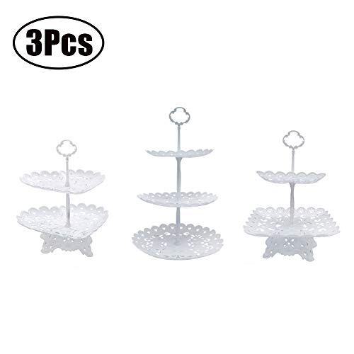 Dessert Stand Set of 3 Pieces Includes 3 Tier 2 Tiers Square/Heart/Round Cupcake Holder Plate Tray for Wedding Birthday Party Fruits Desserts Candy Bar Display White