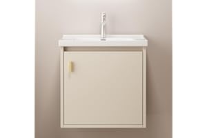 Albriya 20" Small Bathroom Vanity Wall Mounted,Small Bathroom Vanity with Ceramic Sink, Modern Bathroom Vanity with Soft-Close Drawers, Chrome Faucet, Pop up Drain, P-Trap (Khaki)
