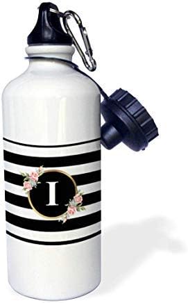 GFGKKGJFD612 Monograms - Floral Letter I Monogram - Black and White Stripes and Flowers Initial White Aluminum Sports Water Bottle Novelty Gifts