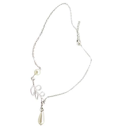 Sterling Silver Sideway Necklace, Haluoo 925 Pearl Pendant Necklace Danity Diamond Leaf Sideway Jewelry Women Girls Wedding Engagement (Silver)