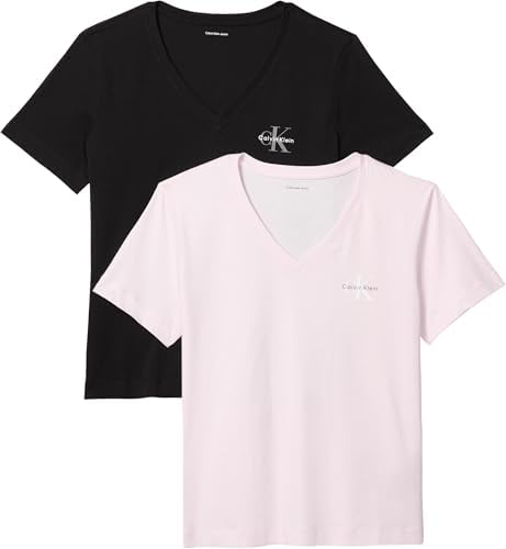 Donna T-Shirt Maniche Corte Confezione da 2 Logo Tee con Scollo a V, Multicolore (Cradle Pink/Black), XL