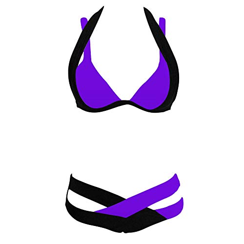 HJuyYuah Women's Two Pieces Crochet Lace High Waist V Neck Bikini Set Swimsuit Purple
