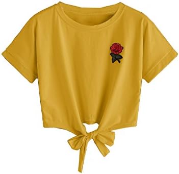 XiaoShop Women's Rose Embroidery Cute T-Shirts Crop Tops With Bowknot Yellow Small