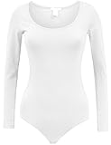 BEKDO Womens Basic Solid Long Sleeve Scoop Neck Bodysuit with Stretch-M-WHITE