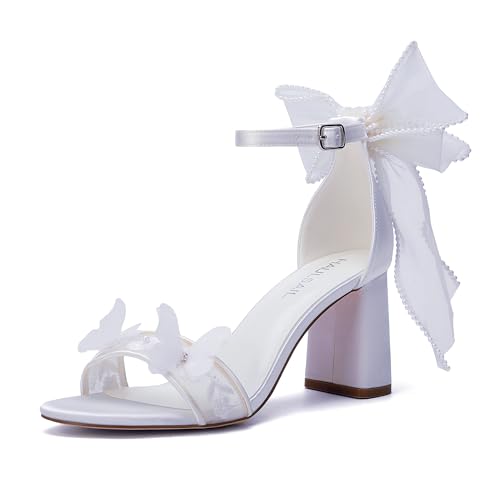 HAULSAIL Women's White Lace Heels,Wedding Shoes,Open Toe With Block Heel at Amazon