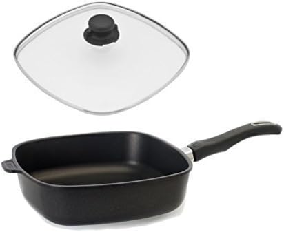 Original Gundel cast iron square frying pan 26 x 26 cm - Height 7 cm - with glass cover and Lid knob (entlüftbar) Biotoan interface, battery-Therm Floor