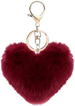 AKOAK 1 Pack Women's Heart Key Chain, Artificial Fur Ball Key
