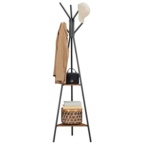 Appendiabiti da Terra, Attaccapanni Autoportante per Salotto, Stile Industriale, con 2 Ripiani, per Vestiti, Cappelli, Borse, Marrone Vintage RCR16BXV1