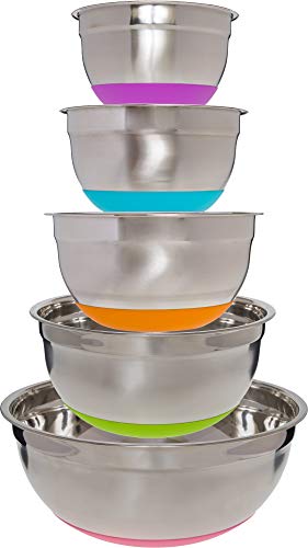 Stainless Steel Mixing Bowls (5 Piece Set) - Colorful Non-Slip Base - Easy to Clean, Premium Nesting Bowls (1.5 2.0 2.5 3.5 & 7.0 QT)