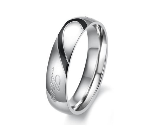 Lover's Heart Shape Titanium Stainless Steel Promise Ring Couple Wedding Band with Engraved Heart and "Real Love" (Available Sizes: Him 6,6.5,7,7.5,8,8.5,9,9.5,10,10.5,11,11.5,12,12.5,13,13.5,14,14.5,15,15.5; Her 4,4.5,5,5.5,6,6.5,7,7.5,8,8.5,9,9.5,10,10.5,11)