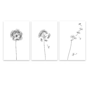 3 Panel Hand Drawn Dandelions in Black and...