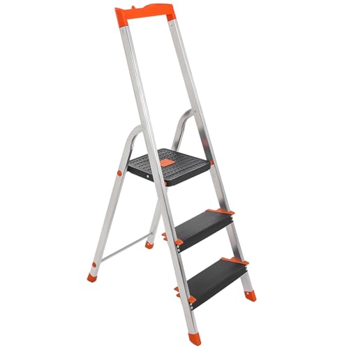 SONGMICS Aluleiter mit 3 Stufen, mit Handlauf, Werkzeugschale