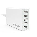 Arteck 40W 5-Port 8A High Speed Multiple USB Charger with Smart Technology for iPhone 11, 11 Pro, 11 Pro Max, Xs Max, Xs, Xr, X, 8, 8 Plus, 7s, 7, 6, iPad, Samsung and Other Smartphone, Tablet
