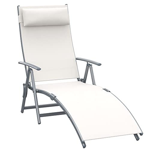 Tumbona Plegable Tumbona de Jardín con Respaldo Ajustable en 7 Niveles Almohada y Reposabrazos Carga 165 kg para Piscina Terraza Camping 137x63,5x100,5 cm Beige