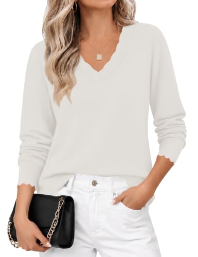 AKEWEI Women's V Neck Long Sleeve Casual Sweaters Knit Breathable Tops at Amazon
