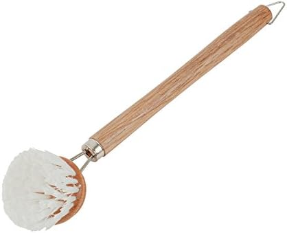 SHEbaking 1pcs Stiff Fiber Brush with Anti-melting Natural Bristles 9" Long Handle Scraper Tip for Cast Iron Pan Skillet Dish Kitchen