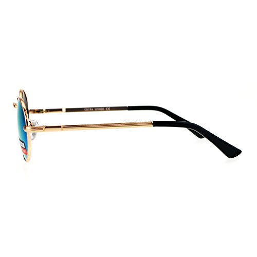 PASTL Sunglasses Unisex Oval Metal Frame Spring Hinge UV 400 Gold, Blue Mirror