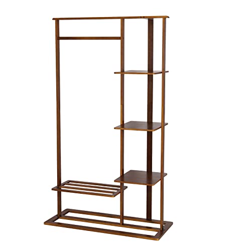 medla Bamboo Clothes Rack Stand: Cloth Hanger Wood Clothing Hanging Rail Standing Garment Rack with 1 Hanging Rod 3 Tier Side Storage Shelves and 2 Tier Bottom Shelves for bedroom Office Home