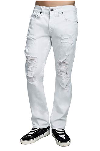 True Religion Men's Distressed Super T Ricky Straight Jeans w/Rips in White Volcanic Ash