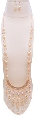 {CN0926 StyleNo1} WOMEN'S FASHIONABLE BIG PENDANT W PEARL LONG NECKLACE AND EARRINGS SET - Designed In USA (GOLD CREAM)