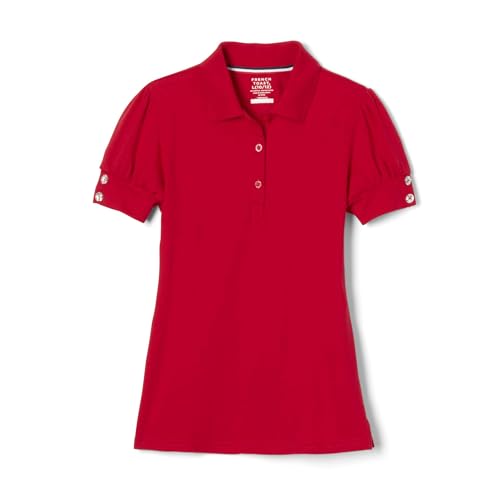 French Toast Girls Puff Sleeve Double Button Polo, Red, Small/6/6x