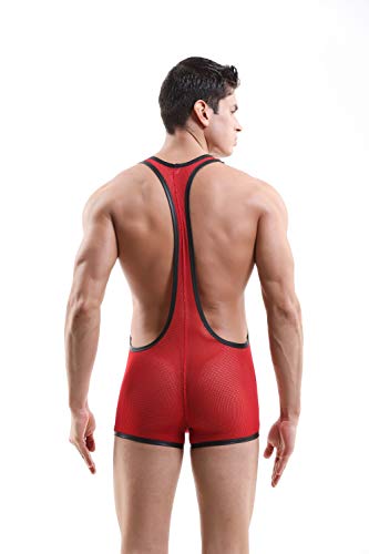 Swbreety Men's Mesh Bodysuit Wrestling Jockstrap Singlet Boxer Underwear Red