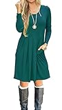 AUSELILY Women's Long Sleeve Pleated Loose Swing Casual Dress With Pockets Knee Length (S, Dark Green)