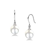 White 8MM Authentic Shell Synthetic Pearl Dangle Earrings. Fashion Jewelry