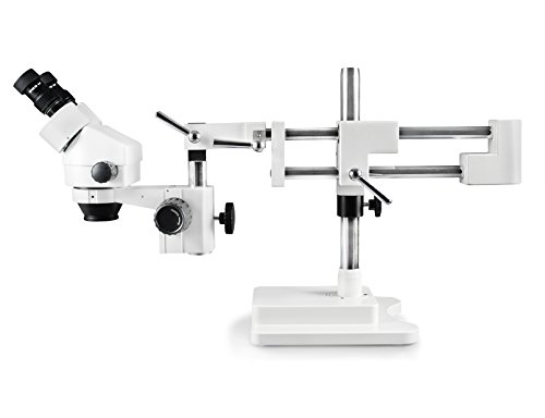 Vision Scientific VS-5E Binocular Zoom Stereo Microscope, 10x Widefield Eyepiece, 0.7X—4.5X Zoom Range, 7X—45x Magnification Range, Double Arm Boom Stand