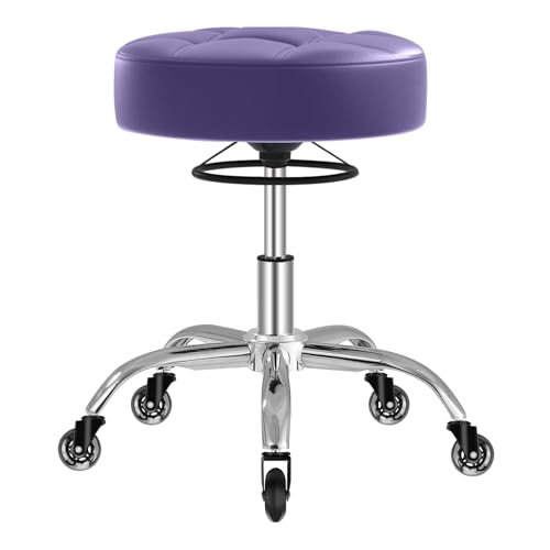 Outmaster Rollhocker,Hocker Höhenverstellbar Mit Ringheber,Dicker Schaumstoff Für Weichen Komfort,Stuhl Mit Rollen 360°,Arbeitshocker Bis 180 Kg Belastbar, Drehhocker Für Salon Spa Und Haushalt(Lila)