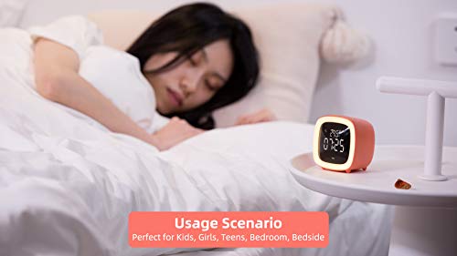 Kids Alarm Clock, Cute-TV Night Light Alarm Clock for Kids, Girls, Children, Bedroom, Rechargeable Battery Operated Alarm Clock with Sleep Timer, Indoor Thermometer - Living Coral - Thumbnail 6