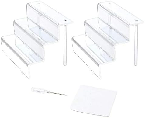 Xelparuc Acrylic Riser Display Shelf for Amiibo Funko POP Figures, Cupcakes Stand for Cabinet, Countertops, Table - 3-Tier, Clear (9×6-2 Pack)