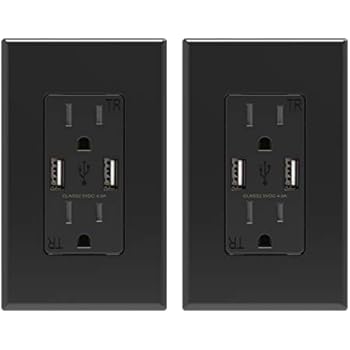 ELEGRP USB Charger Wall Outlet, Dual High Speed 4.0 Amp USB Ports with Smart Chip, 15 Amp Duplex Tamper Resistant Receptacle Plug, Wall Plate Included, UL Listed (2 Pack, Black)