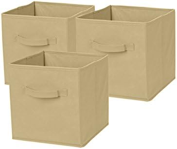 Khandro Storage Cubes Bins Fabric Drawers Closet Shelf Organizer, Light Brown, Set of 3