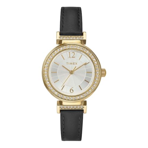 Timex Damen-Armbanduhr, Dress Watch, 31 mm, schwarzes Lederarmband, silberfarbenes Zifferblatt, goldfarbenes Gehäuse TW2W48900