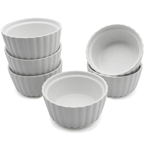BonNoces 5 Ounce Porcelain Ramekins/Souffle Dishes - Elegant Matte Color Baking Cup for Pudding, Ice Cream and Creme Brulee - Set of 6 (White)
