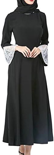 Womens Swing Bell Sleeve Muslim Lace Stitching Pleated Abaya Saudi Arabia Dresses