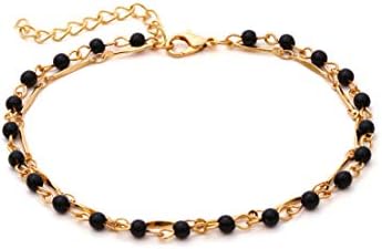 Kissherely Bohemian Style Turquoise Stone Beaded Anklet Black Rhinestone Flower Plate Tassel Vintage Ankle Bracelet Beach Jewelry for Women