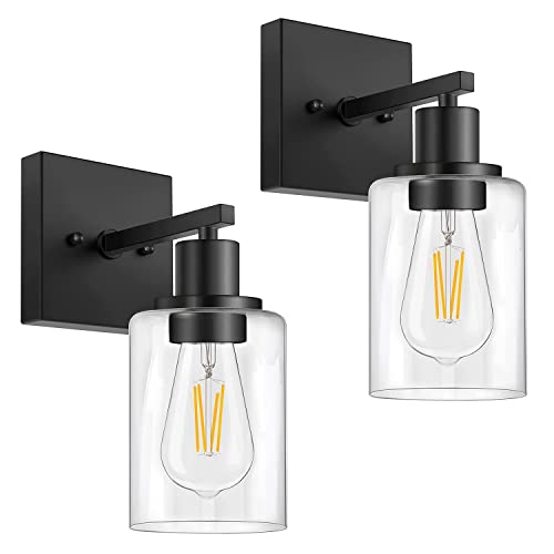 Redare Wall Lamps Set of 2,Wall Sconces Lighting,Bathroom lights,Wall Light Indoor,Matte Black Vanity Lights with Clear Glass Shade,Modern Wall Led Lamp for Bedroom,Bathroom,Hallway(Black, Set of 2)