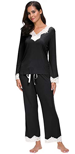 Jusfitsu Womens Cotton Pajamas Set Long Sleeve Top Shirt with Pants Sleepwear Modal Soft Loungewear Lace Black XL - Thumbnail 4