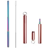 Reusable Metal Straws Rainbow With Case Keychain Collapsible Telescopic Straw Adjustable Stainless Steel Portable Foldable Drinking Straws for Juice Mug Tumblers With Cleaning Brush Colorful Rose Gold